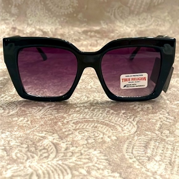 Brand New True Religion Chunky Shiny Black Square Frame Sunglasses Purple Lens - Picture 9 of 15